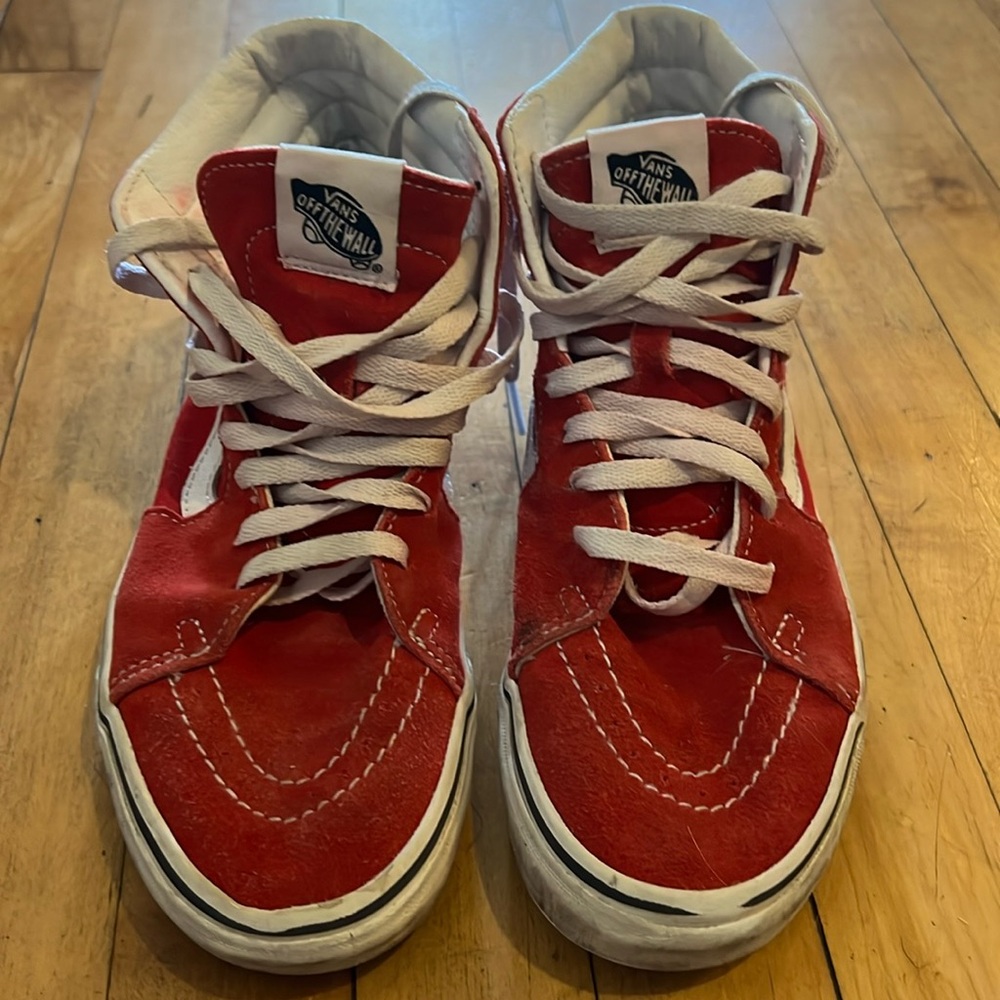 Red & white suede Vans high tops.